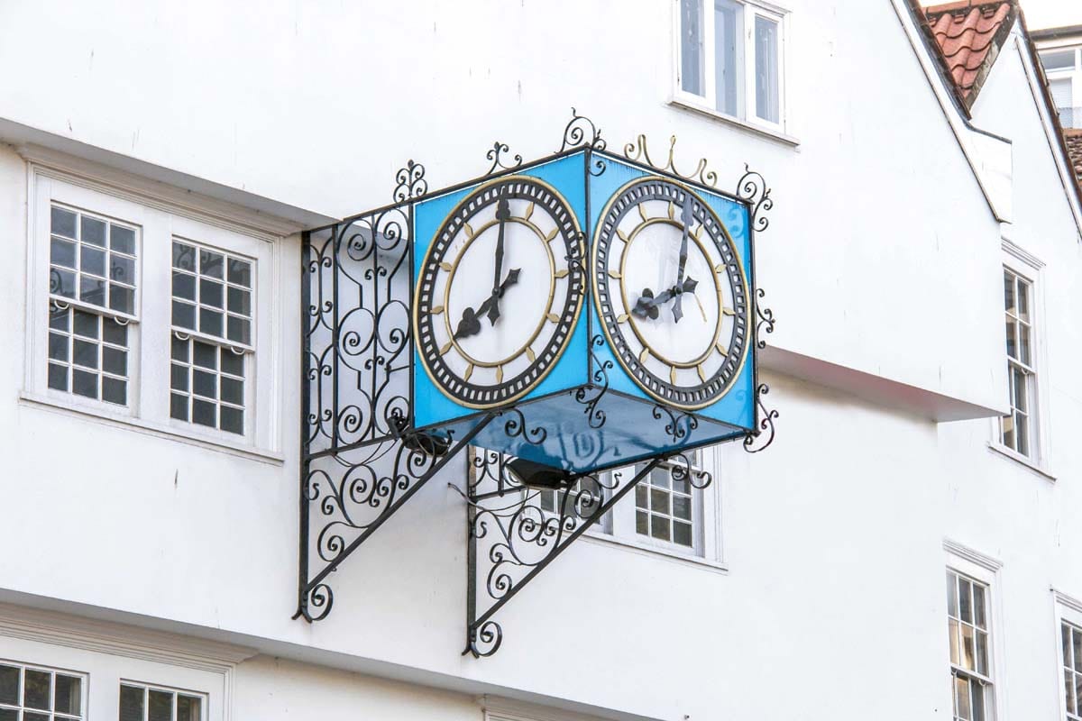 Ornate clock above St Augustines Parade in the centre of Bristol